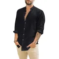 Cotton Linen Hot Sale Men's Long-Sleeved Shirts Summer Solid Color  Stand-Up Collar Casual Beach Style Plus Size. 