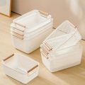 Durable Open Plastic Storage Basket with Double Wooden Handles - For Bathroom, Kitchen, and Outdoor Organization, Shelf Baskets. 