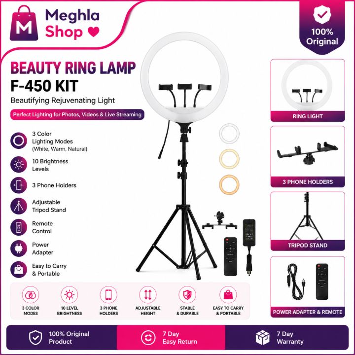 18" Inch (45cm) LED Ring Light & 3 Phone Holder With Tripod Selfie Mobile Laptop Live Beauty Light Lamp Big Photography Ringlight with Stand for Phone Studio for Tiktok Youtube Live Makeup Photography Video