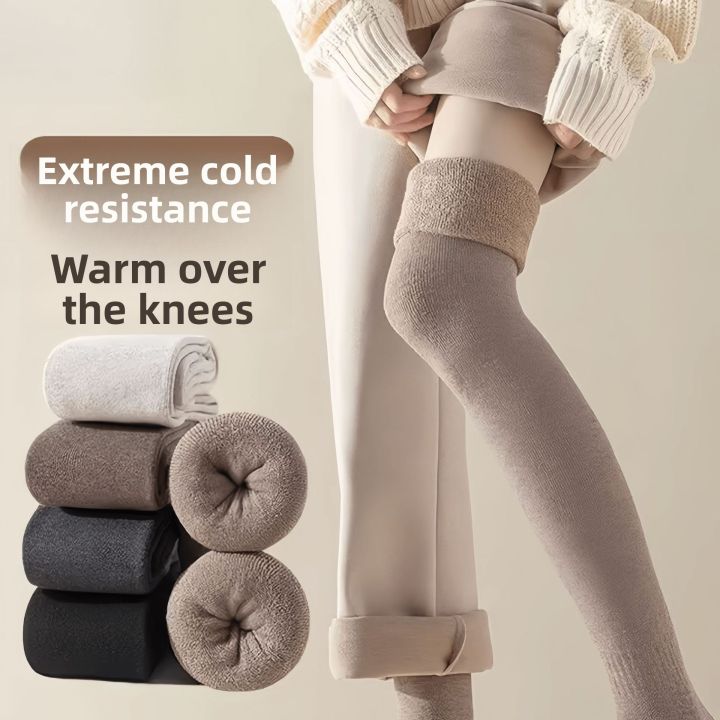 2 Pairs Knee High Socks for Women Winter Thick Warm Fleece Lined Over Knee Stockings Long Socks