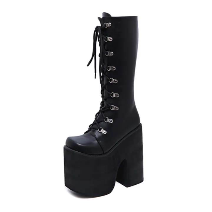 Gdgydh%20Women's%20Y2K%20Side%20Zipper%20Platform%20Boots%20Knee%20High%20Motorcycle%20Boots%20Black%20Closed%20Toe%20Lace%20Up%20Long%20Boots%20-%20Image%203