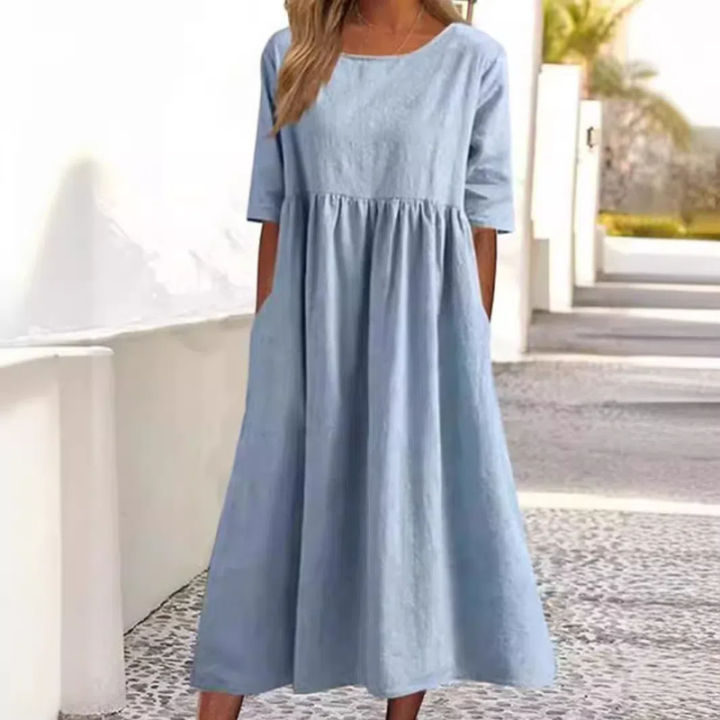 Summer%20New%20Cotton%20and%20Linen%20Casual%20Short%20Sleeve%20Pocket%20Fold%20Loose%20Round%20Neck%20Women's%20Dress%20300%20-%20Image%202