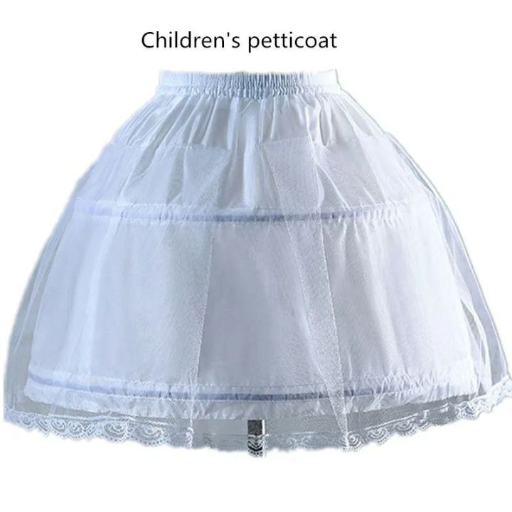 Children Girls 2 Steel Hoops White Petticoat Wedding Gown Dress Underskirt Elastic Waistband Drawstring A-Line Skirt