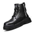 Men's high cut thick soled motorcycle work boots in autumn and winter, black leather shoes, men's mid cut trendy shoes. 