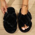 Fashion Cross Strap Fluffy Slippers Women Winter Home Open toed Plush Fur Slippers Woman Flat Heel Keep Warm Cotton Slides Shoes.