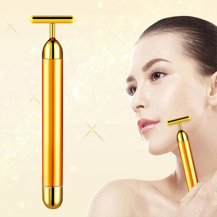 24k Gold T-shaped Vibrating Facial Roller Beauty Roller Slimming Face Massager Device Tightening Anti-wrinkle Facial Care Tools