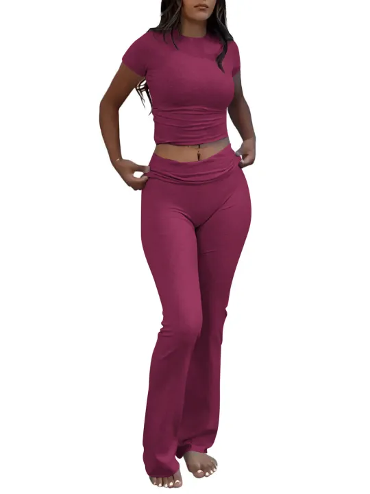 Casual%20Workout%20Two%20Piece%20Outfits%20for%20Women%20Short%20Sleeve%20Crop%20High%20Waist%20Foldover%20Flare%20Pants%20Tracksuit%20Sets%20Streetwear%20-%20Image%203