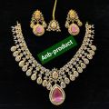 Exclusive design diamond cut AD stone jewelry necklace set pink color for ladies. 