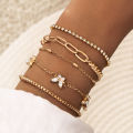 Trendy Geometric Link Chain Bracelet Set For Women Rhinestones Gold Color Leaves Heart Pendant Open Cuff Bangle Girls Jewelry. 