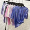 New summer retro style stylish bright silk woman tops shiny loose short sleeve t-shirt sexy club aesthetic harajuku women tshirt. 