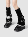 Vintage Autumn Winter Japanese Skeleton Element Leg Warmers Subculture Y2k Slimming Student Pile Socks Front and Back 2 Wearing.