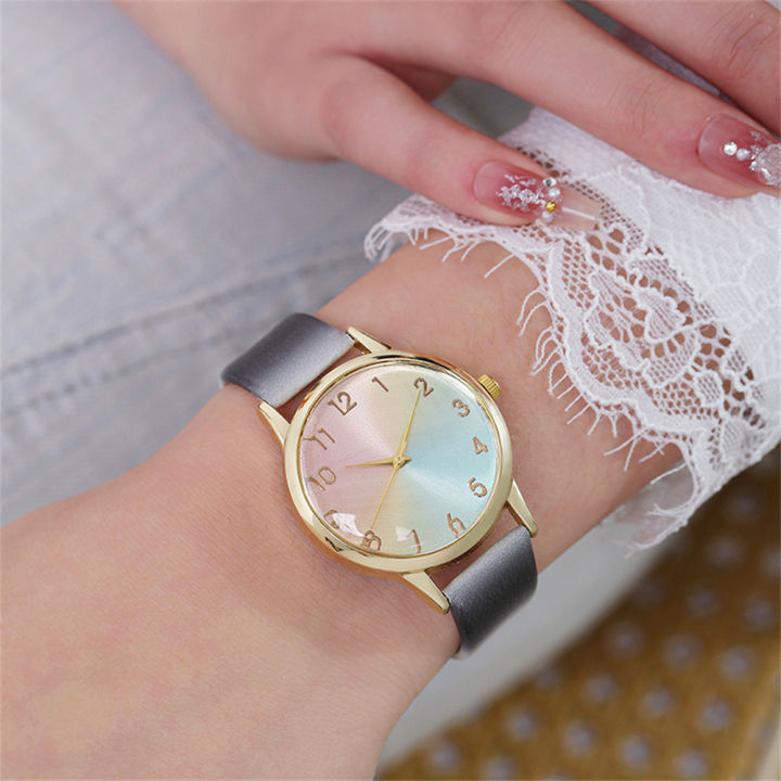 Fashion%20Women's%20Gold%20Gradient%20Rainbow%20Watch%20Pink%20Blue%20Dial%20Leather%20Strap%20Quartz%20Wristwatch%20-%20Image%202