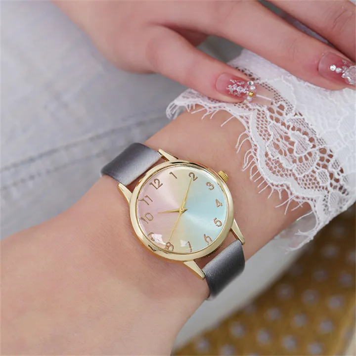 Fashion%20Women's%20Gold%20Gradient%20Rainbow%20Watch%20Pink%20Blue%20Dial%20Leather%20Strap%20Quartz%20Wristwatch%20-%20Image%202