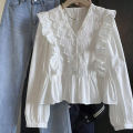 Plus Size 2025 Autumn New Arrivals Women's Casual Solid-Colour Lace-Panel Ruffled Long-Sleeved Top Fashionable and Elegant.