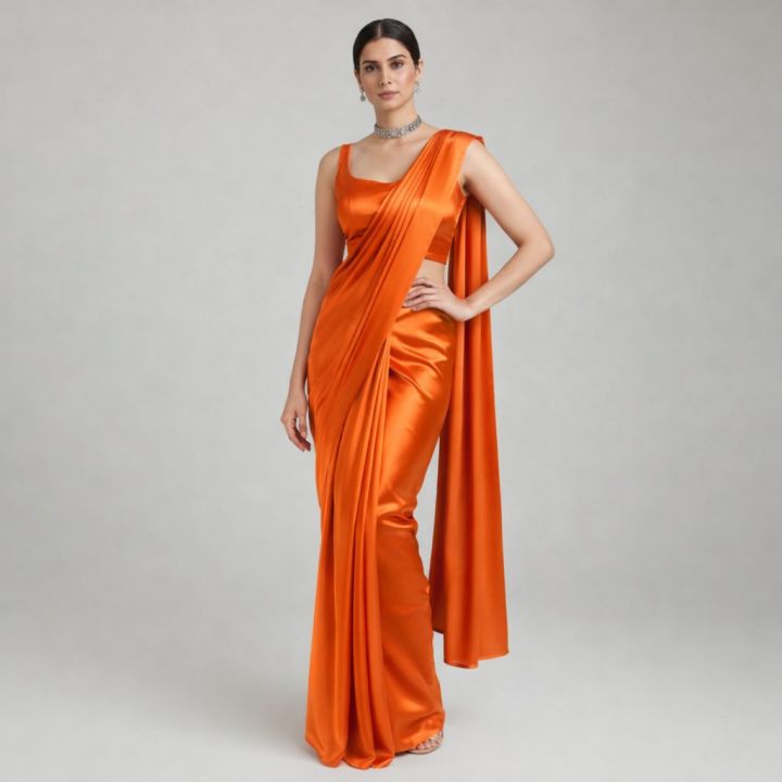 Orange-Brown Plain Diamond Satin Silk Saree
