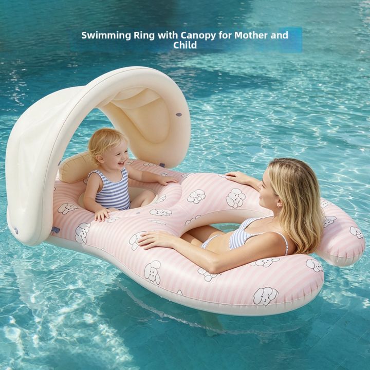 Baby Mother Swim Ring With Sun Canopy Double Seat Inflatable Float Ring Kids Parent-child Swimming Pool Float Seat