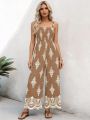 Summer New Women's Woven Position Printing Halterone-piece Overall Pants with Pockets Wide-leg Pants.