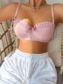 High Quality Pink Heavy Duty Lace Design Underwear Bow Daily Push Up Bra Sexy Lingerie Women With Steel Ring  J1903. 