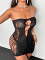 Women's  Mesh Rhinestone Dress Strapless Cut Out Bodycon Mini Dress for Club Party Night Out. 