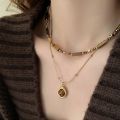 Retro Temperament Layered Tiger Eye Stone Pendant Necklace For Women Stainless steel Double-Layer Collarbone Chain Sets Jewelry. 