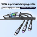 New luminescent 100W transparent three in one super fast charging data cable suitable for Android, Huawei, and Apple phone data. 