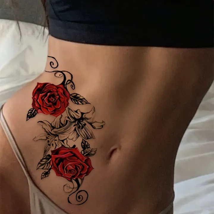 2pcs%20Red%20Temporary%20Rose%20Flower%20Arm%20&%20Leg%20Tattoo%20Stickers,%20Stripper%20Chest%20&%20Thigh%20Design,%20Waterproof,%20Perfect%20for%20Women%20-%20Image%204