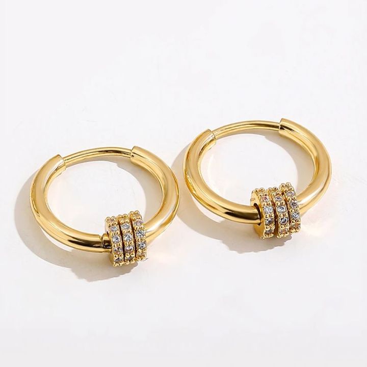 Trendy Small Round Gold Color Stainless Steel Huggies Hoop Earrings for Women Zirconia CZ Triple Gear Charm Earrings Ear Buckle