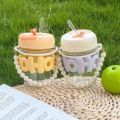 Imported 350ml Cute Girl Transparent Glass Heat Resistant Tumbler With Pearl Chain Sipper Glass Cup Portable Double Drinking Aesthetic Coffee Mug With Straw Gift For College Girls Teen hoho Mugs for Gift. 