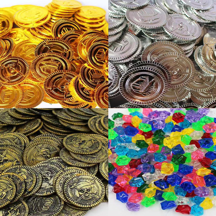 30pcs Pirate Gold Coins, Silver Coins Copper Coins Gemstones Children's  Halloween Props Plastic Fake Gold Acrylic Toys