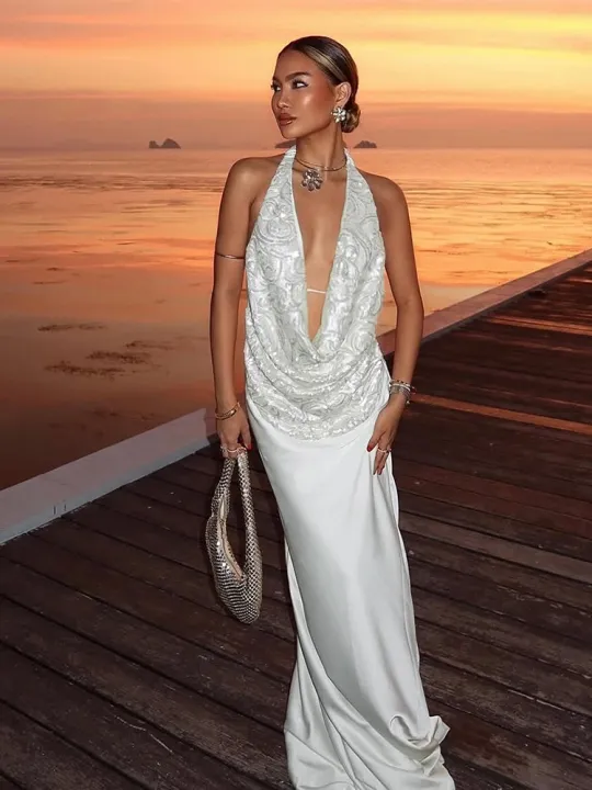 Nibber%20Temperament%202-Piece%20Set%20Women%20Swing%20Collar%20Arabesques%20Backless%20Tops+Smooth%20Skirts%20Vacation%20Beach%20Party%20Matching%20Suits%20-%20Image%204