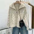 Retro Solid Double Zipper Turn-down Collar Sweater Women Autumn Winter New Lazy Style Loose Knitted Cardigan Thicken Loose Tops. 