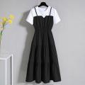 2024 Fashion Strap Fake Two piece Dress Block Summer Short sleeved Dress Women's Waist Tight Dress. 