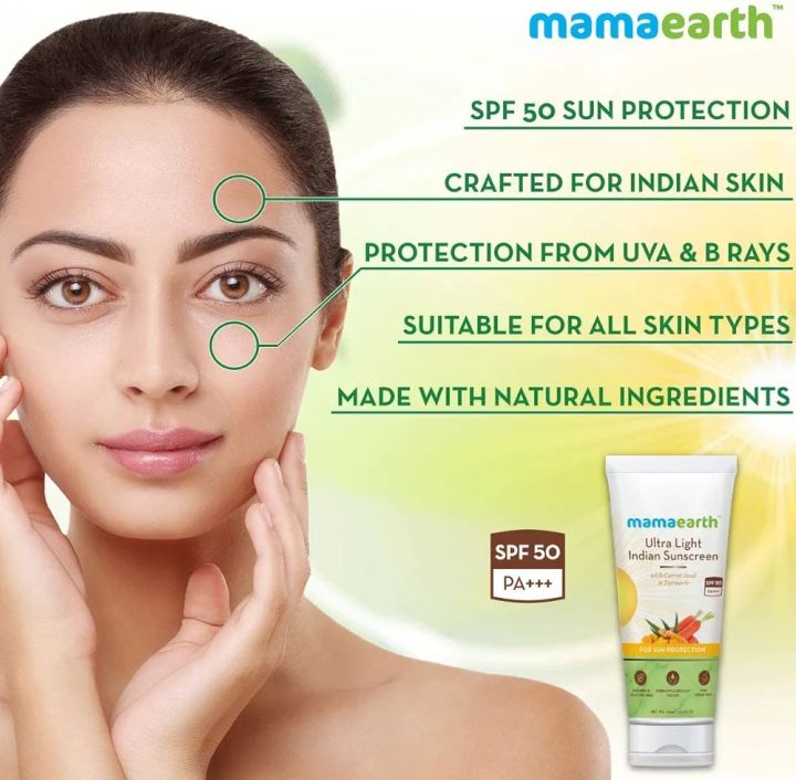 Ultra%20Light%20Natural%20Sunscreen%20Lotion%20SPF%2050%20PA+++%20For%20Indian%20Skin,%20With%20Turmeric%20&%20Carrot%20Seed,%2080ml%20BY%20MAMAEARTH%20-%20Image%202