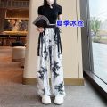 Women's Thin Casual Ice Silk Chiffon Wide Leg Pants 2025 Summer New Style Strap Drop Straight Tube Floor Trousers Korean Women.
