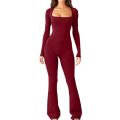 Foreign Trade Women's Long Sleeved Waist Cinching and Waist Lifting Square Collar Wide Leg High Elastic Jumpsuit.