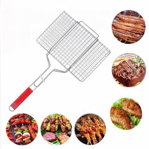 BBQ Grilling Basket, Portable Grill Basket Foldable Stainless Steel BBQ Grill Net with Removable Handle, Basting Brush and Storage Bag, for Roast Fish, Shrimp, Vegetable, Steak, Meat