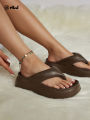 New Summer Women's Flip-Flops, Fashionable Wedge-Heeled Dark Brown Thick-Soled Sandals, Outdoor Casual Beach Shoes, High-Heeled Flip-Flops. 