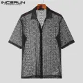 2023 Fashion Men Shirt Mesh Lace Transparent Streetwear Lapel Short Sleeve Button Camisas Party Sexy Men Clothing S-5XL INCERUN. 