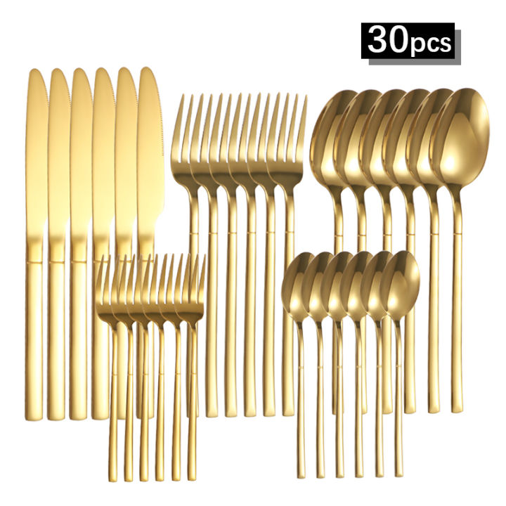 6/30pcs Stainless steel cutlery set, high-end steak knife, fork, dessert spoon, suitable for restaurant banquets parties