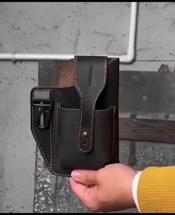 New Fashionable Retro Leather Men's Waist Bag Multifunctional Male's Bag Wear Belt Mobile Phone Box Running Work Site Work alltime