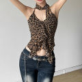 Leopard Fashion Lace Up Halter Tank Top for Women Irregular Ruffled Slim Spicy Girl Short Top Summer Camisole Vest Y2k Clothing. 