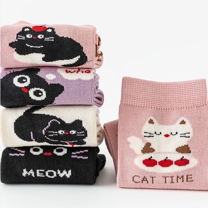 5%20Pairs%20of%20Kidsren's%20Socks%20Cartoon%20Cute%20Kitten%20Stripesd%20Pattern%20All%20Year%20Round%20Baby%20Boy%20and%20Girl%20Color%20Matching%20Cat%20Mid-Calf%20Socks%20Suitable%20for%20Daily%20Life%20-%20Image%203