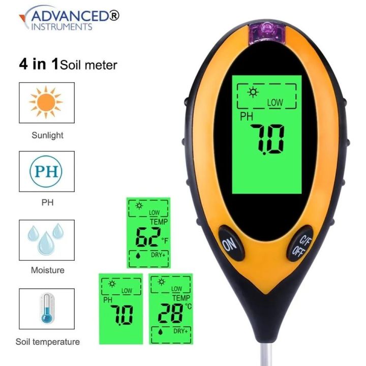 ADVANCED™ Soil Tester PH Meter, Digital Soil PH Meter 4 in 1 Moisture Gardening Water Soil Testing Machine with Sensor Prob, LCD Display for Sunlight Temperature, Home and Garden Plants
