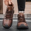 Men's Hand-Stitched Fashion Boots, Retro Lace-Up Mid-High Casual Shoes, Suitable for Spring and Autumn Daily Wear, Outdoor Hiking Boots, Comfortable Large-Size Men's Shoes.