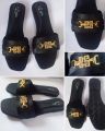 Gold Buckle Flat Sandal For Women, Crystal Slide Chappal Shoes,  Ladies Fancy Comfortable Footwear, Black Mehroon. 