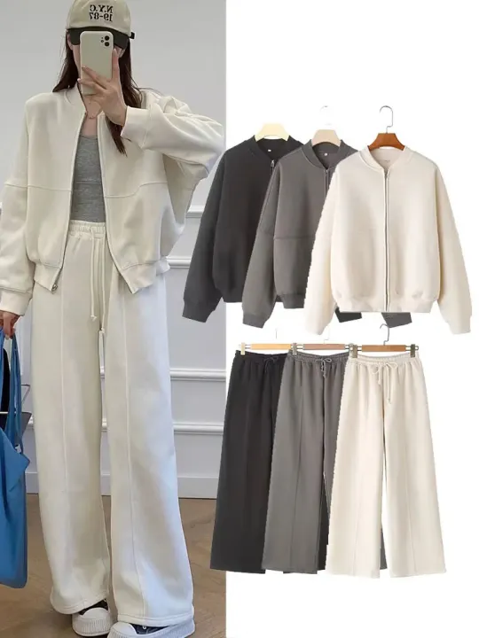 HH%20Women's%20Fall%202-Piece%20Retro%20Solid%20Color%20Zip%20Bomber%20Jacket%20Sweatshirt+High%20Waist%20Lace%20Up%20Women's%20Wide%20Leg%20Pants%20Street%20Wear%20-%20Image%202