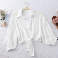 Women Summer Bat Half Sleeve Chiffon Shirt Casual Loose Button Hollow White Clothes Elegant Solid Color Tied Waist Blouse 9776. 