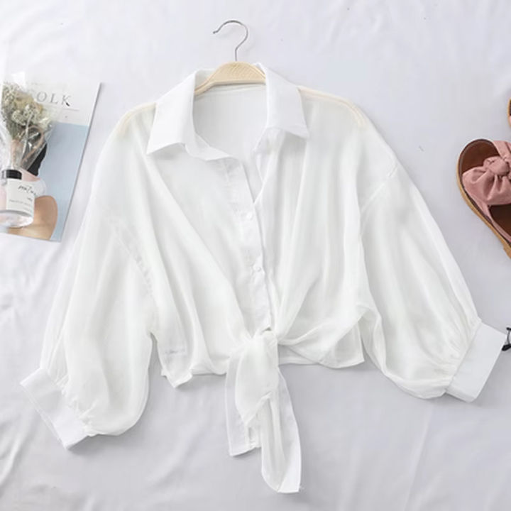 Women%20Summer%20Bat%20Half%20Sleeve%20Chiffon%20Shirt%20Casual%20Loose%20Button%20Hollow%20White%20Clothes%20Elegant%20Solid%20Color%20Tied%20Waist%20Blouse%209776%20-%20Image%204