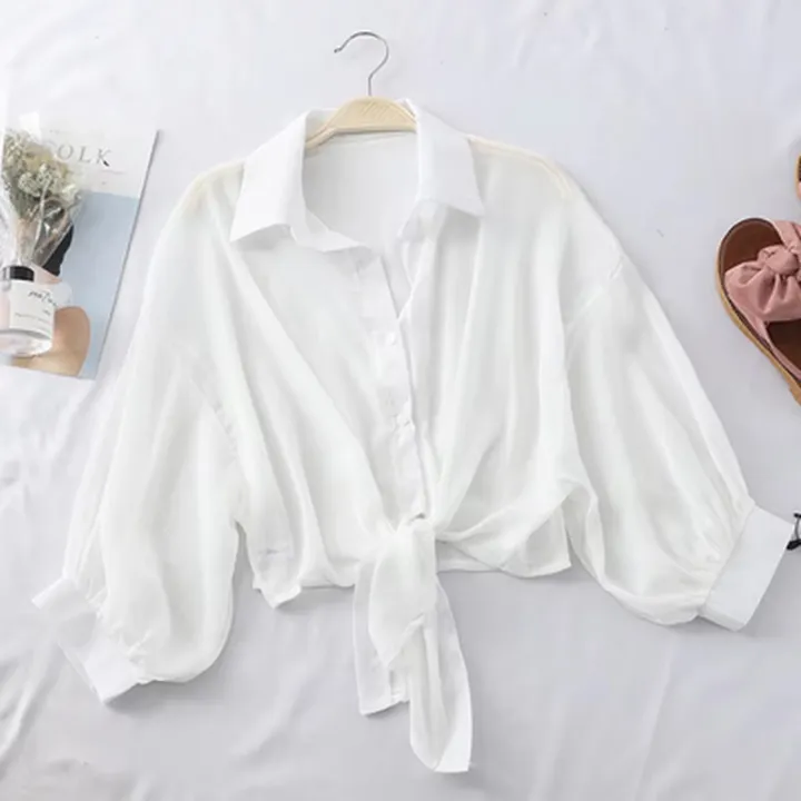 Women%20Summer%20Bat%20Half%20Sleeve%20Chiffon%20Shirt%20Casual%20Loose%20Button%20Hollow%20White%20Clothes%20Elegant%20Solid%20Color%20Tied%20Waist%20Blouse%209776%20-%20Image%204