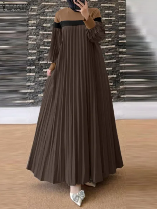 ZANZEA%20Autumn%20Women%20Muslim%20Dress%20Turkey%20Abaya%20Elegant%20Long%20Lantern%20Sleeve%20Patchwork%20Sundress%20Pleated%20Vestidos%20Islamic%20Dubai%20Robe%20-%20Image%203